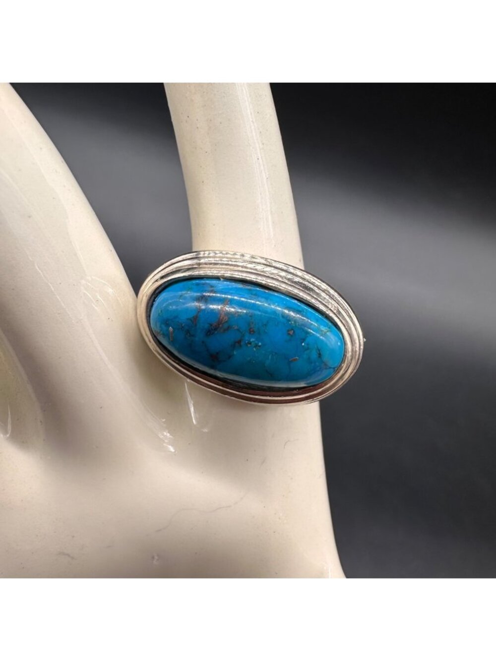 Vintage Sterling Silver Turquoise Ring Ribbed Band Oval Western Size 6.75
